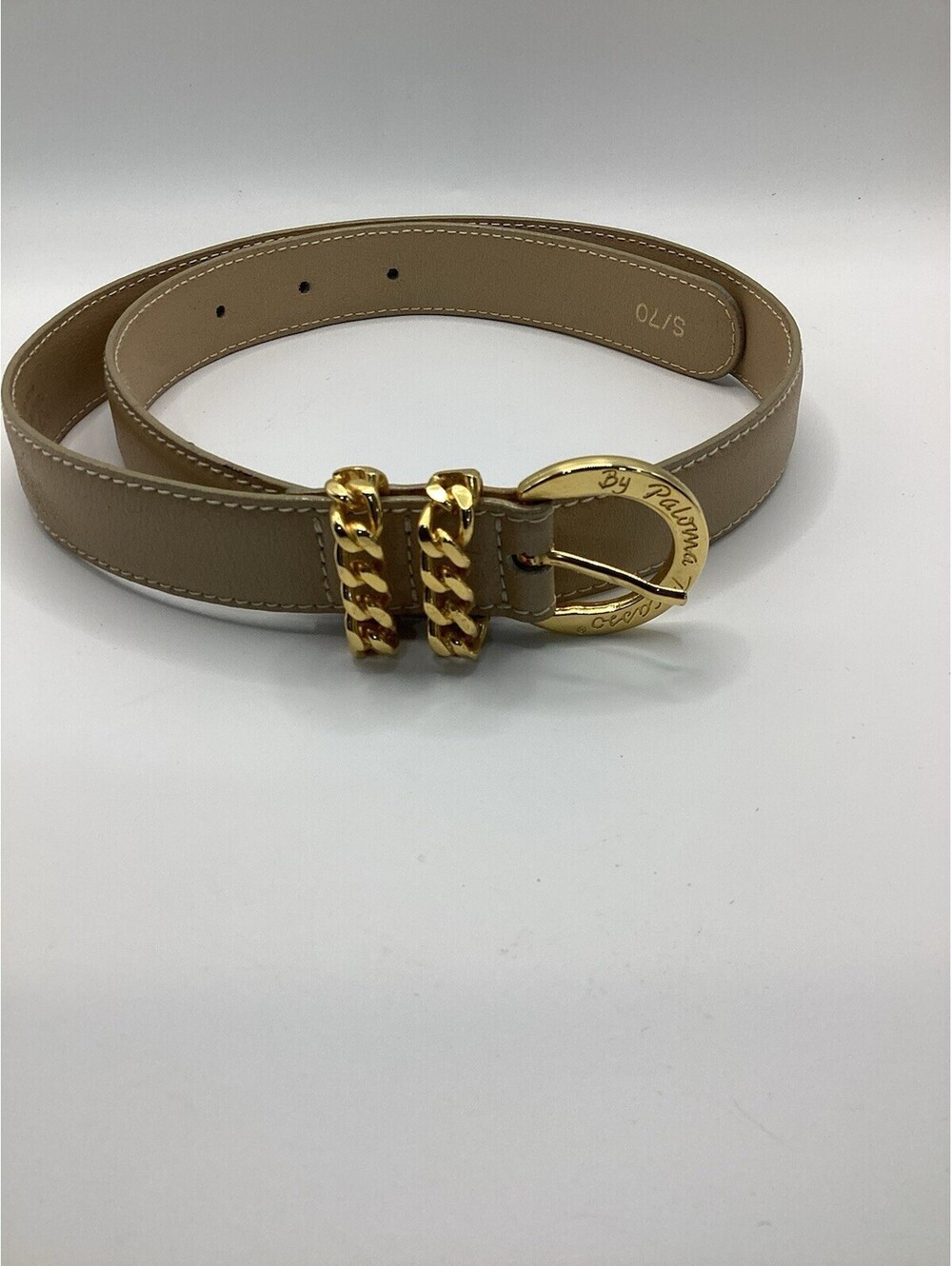 PALOMA PICASSO Vintage 1980s Made In Italy Gold Chain Buckle Taupe Leather Belt
